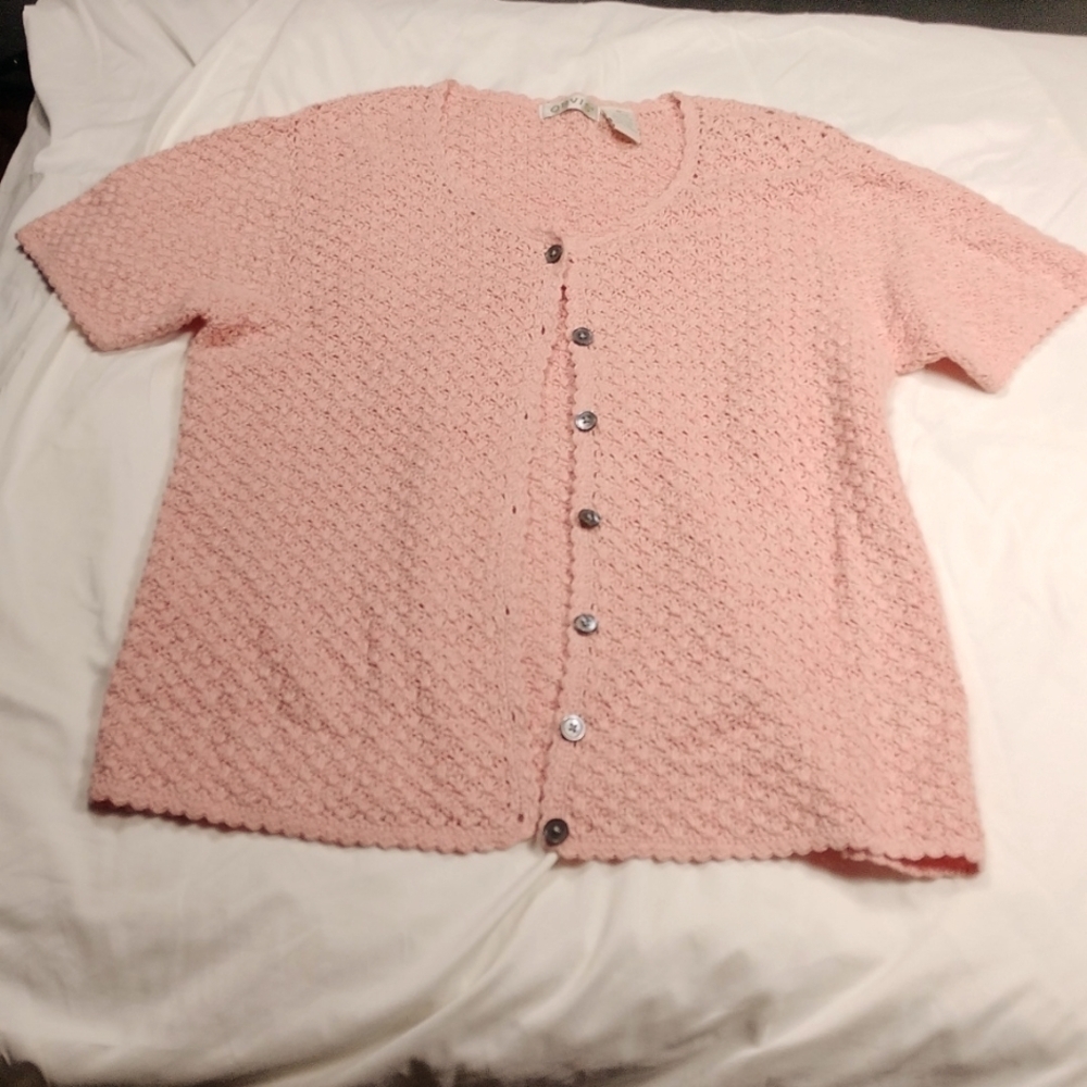 Orvis women's medium sized short sleeved button down salmon colored cardigan